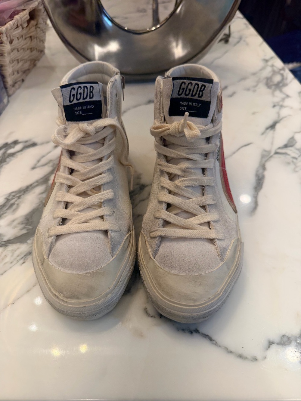 Authentic High-Top Golden Goose Sneakers in Off-White with Red Accent